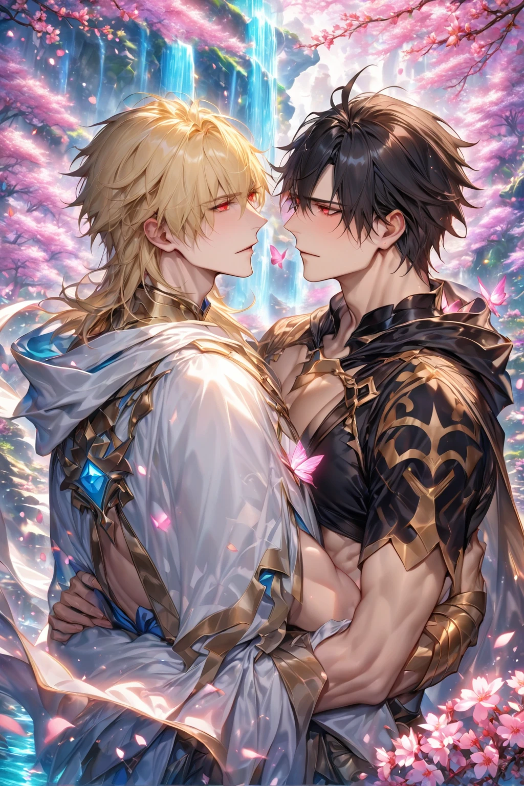 absurdres, highres, ultra detailed, HDR, master piece, best quality, detailed eyes, detailed face, delicated features, Gilgamesh, short blonde hair, expressive red eyes, Fate Grand Order, Xaiver Zhong li, wild black hair, expressive red eyes, two sexy men hugging, handsome, yaoi, gay couple, in love, boyfriends, adult face, adult, hooded white cape, cropped black shirt, silver accessories, arabian, white tunic, fantasy, magical, cherry blossoms, pink flowers, pink butterflies, waterfall, rocks, pink petals, nature, spring, Genshin Impact