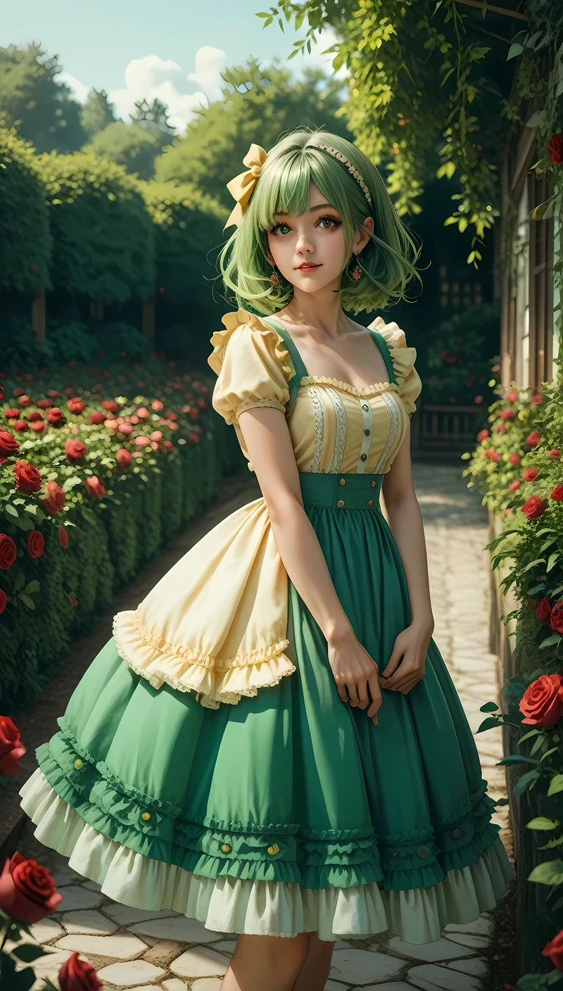 ((masterpiece)), (super detail:1.2), high quality, best quality, highres, 8k, cute, Yellow-green hair, medium length hair, Ruffled dress with ribbon, pop, 1 girl, at rose garden