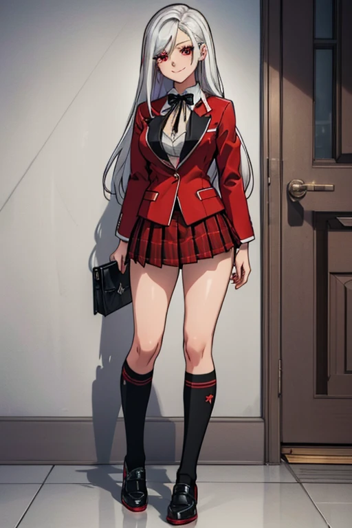 female, silver long hair, red eyes, (((1girl))), (((red blazer))), (black pleated skirt), (white knee high socks), (black shoes), (black ribbon), cute and sexy, full body, big breasts, long legs, smiling