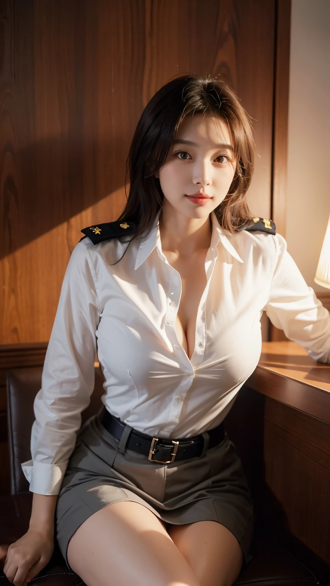 Innocent 20 year old girl、((Japan Police Officer, sexy police uniform, Skirt, Cute and elegant, Dramatic poses)),Smile,night city background,short-cut、Raw photo, (8K、top-quality、​masterpiece:1.2)、(intricate detailes:1.4)、(Photorealsitic:1.4)、octane renderings、Complex 3D rendering ultra detail, Studio Soft Light, Rim Lights, vibrant detail, super detailing, realistic skin textures, Detail Face, Beautiful detail eyes, Very detailed CG Unity 16k wallpaper, make - up, (detailedbackground:1.2), shinny skin, Full body,Hands down、Spread your legs and show your panties,sit on a bench