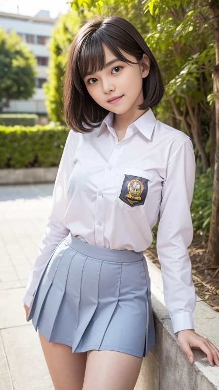 Young sweet beautiful school girl, slim body, very georgeus face, , wearing Indonesian white and grey uniform, long sleeve shirt, grey kneel long skirt, sassy girl,  wavy short hairs, siting down relax on side walk cheerful going to the school in the sunny morning, very realistic, very detail, no cartoon,  white thin panty exposed,