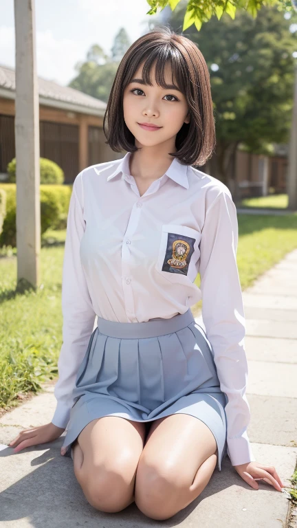 Young sweet beautiful school girl, slim body, very georgeus face, , wearing Indonesian white and grey uniform, long sleeve shirt, grey kneel long skirt, sassy girl,  wavy short hairs, siting down relax on side walk cheerful going to the school in the sunny morning, very realistic, very detail, no cartoon,  white thin panty exposed,