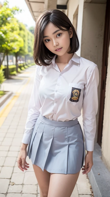 Young sweet beautiful school girl, slim body, very georgeus face, , wearing Indonesian white and grey uniform, long sleeve shirt, grey kneel long skirt, sassy girl,  wavy short hairs, siting down relax on side walk cheerful going to the school in the sunny morning, very realistic, very detail, no cartoon,  white thin panty exposed,