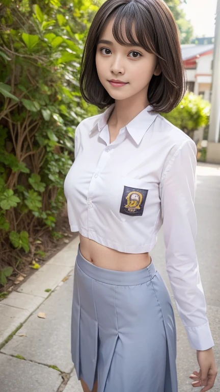 Young sweet beautiful school girl, slim body, very georgeus face, , wearing Indonesian white and grey uniform, long sleeve shirt, grey kneel long skirt, sassy girl,  wavy short hairs, siting down relax on side walk cheerful going to the school in the sunny morning, very realistic, very detail, no cartoon,  white thin panty exposed,