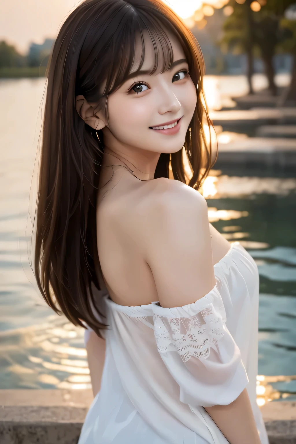 (masterpiece、Best Quality、Ultra-high resolution)、(Perfect Face、Beautiful Face、Beautiful Eyes)、Off-the-shoulder clothing、Sleeveless clothing、sunset、Looking back and smiling