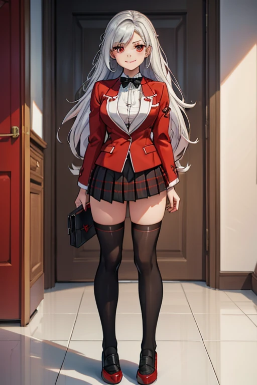 female, silver long hair, red eyes, (((1girl))), (((red blazer))), (black pleated skirt), (white knee high socks), (black shoes), (black ribbon), cute and sexy, full body, big breasts, long legs, smiling