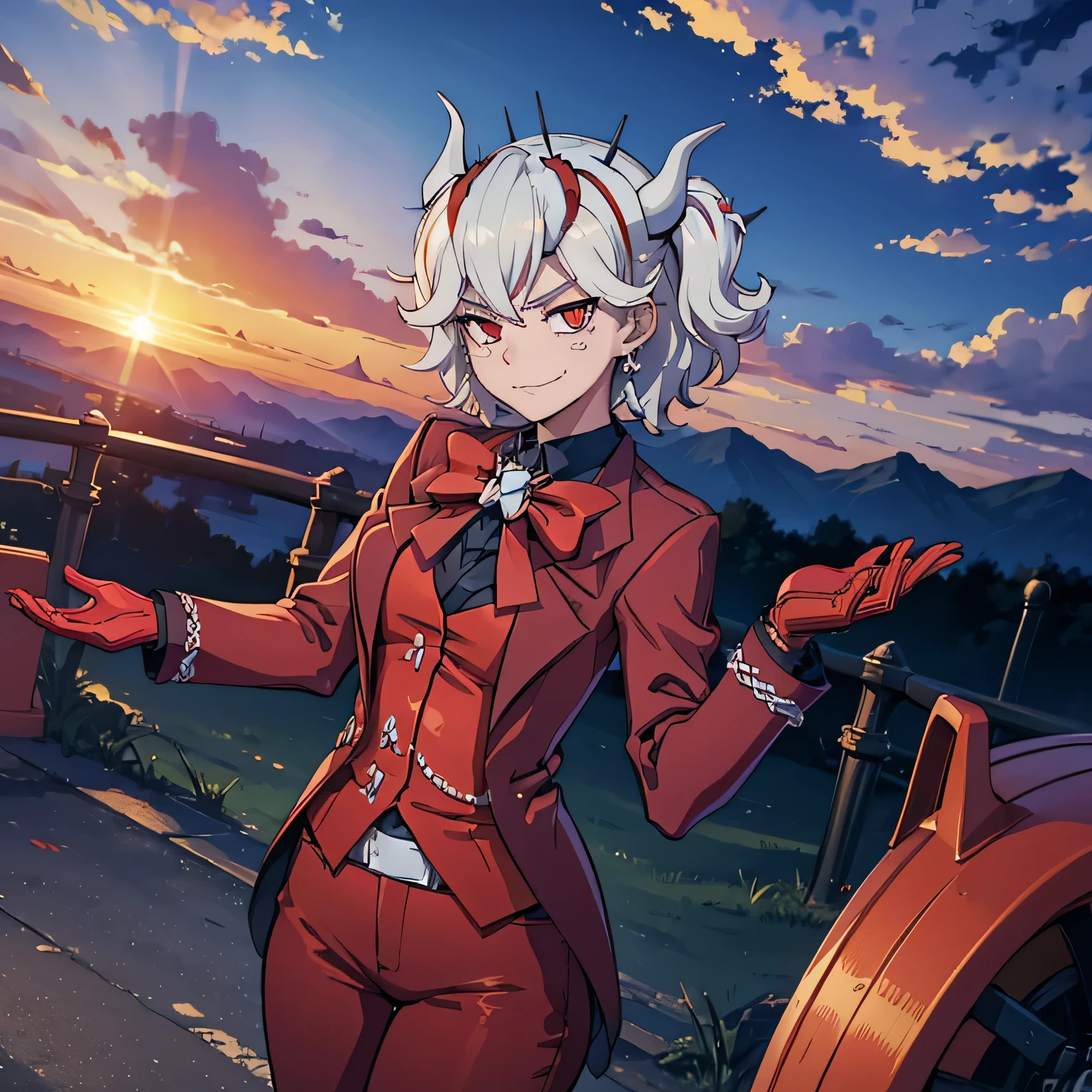 (masterpiece, best quality:1.2), cloud, sky, sunset, solo, 1girl, htbeelzebub, freckles, smirk, looking at viewer, v-shaped eyebrows, formal, suit, shirt, red bow, red gloves, red pants