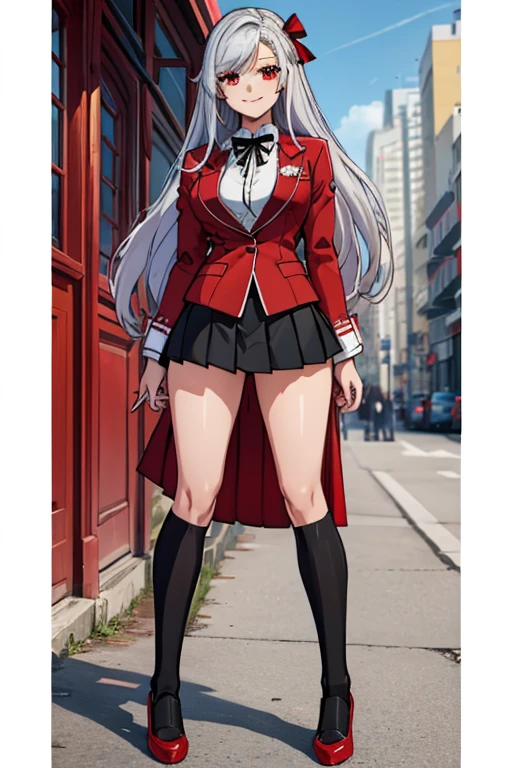 female, silver long hair, red eyes, (((1girl))), (((red blazer))), (black pleated skirt), (white knee high socks), (black shoes), (black ribbon), cute and sexy, full body, big breasts, long legs, smiling