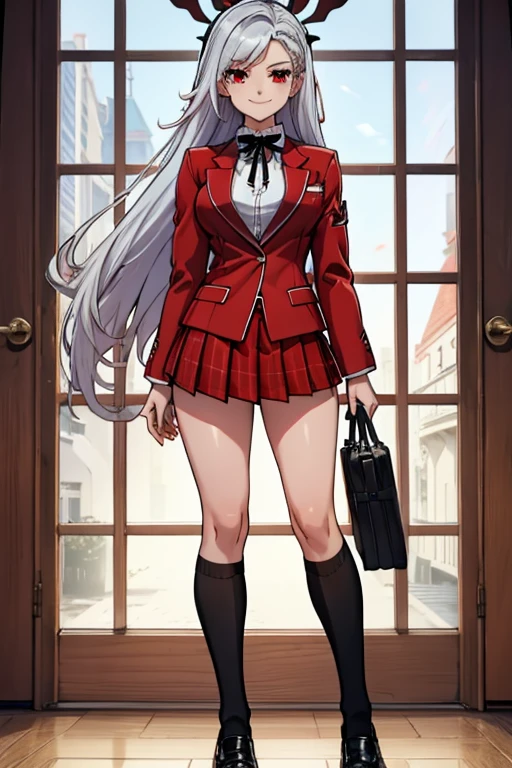 female, silver long hair, red eyes, (((1girl))), (((red blazer))), (black pleated skirt), (white knee high socks), (black shoes), (black ribbon), cute and sexy, full body, big breasts, long legs, smiling