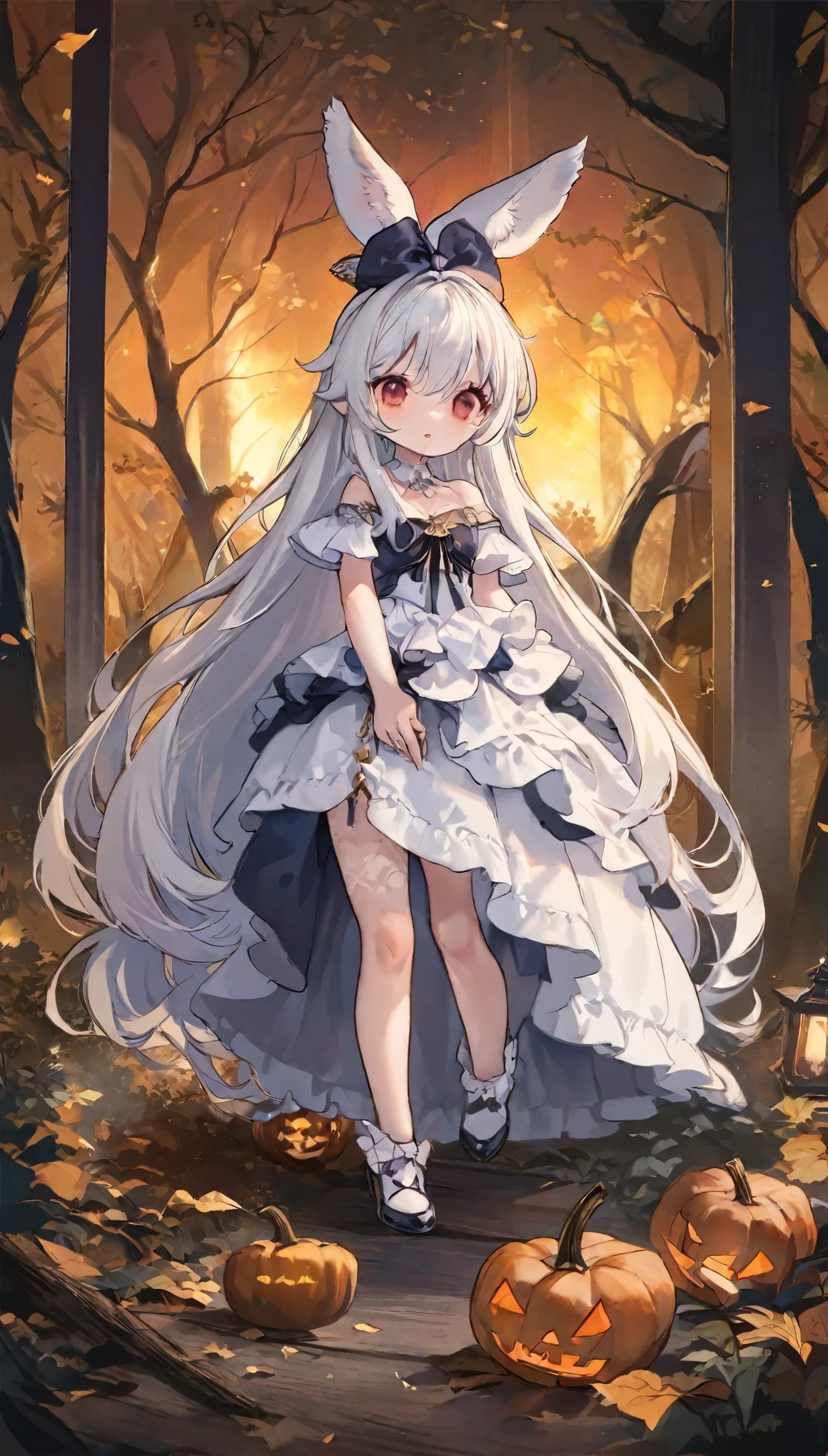 
(solo:1.2),1girl\((chibi:1.6),cute,kawaii,small kid,(white hair:1.7),(very long hair:1.7),bangs,(ear\(fluffy white bunny-ear\):1.4),(1 bunny tail:1.3),(red eye),big eye,beautiful shiny eye,skin color white,big hairbow,(white frilled dress:1.3),breast, (wearing jack-o'-lantern:1.4)\), BREAK ,background\(dark woods, dead trees, horror mood, Halloween night\), quality\(8k,wallpaper of extremely detailed CG unit, ​masterpiece,hight resolution,top-quality,top-quality real texture skin,hyper realisitic,increase the resolution,RAW photos,best qualtiy,highly detailed,the wallpaper,golden ratio\), BREAK , BREAK ,quality\(masterpiece, best quality,8k,wallpaper of extremely detailed CG unit, high resolution, top-quality, top-quality real texture skin, hyper realistic, increase the resolution, RAW photos, best quality, highly detailed, the wallpaper,golden ratio,high saturation realism, vibrant colors, dramatic lighting, persuasive storytelling, atmospheric scenery, captivating visuals, intricate details, strong emotions,dreamlike world\),standing