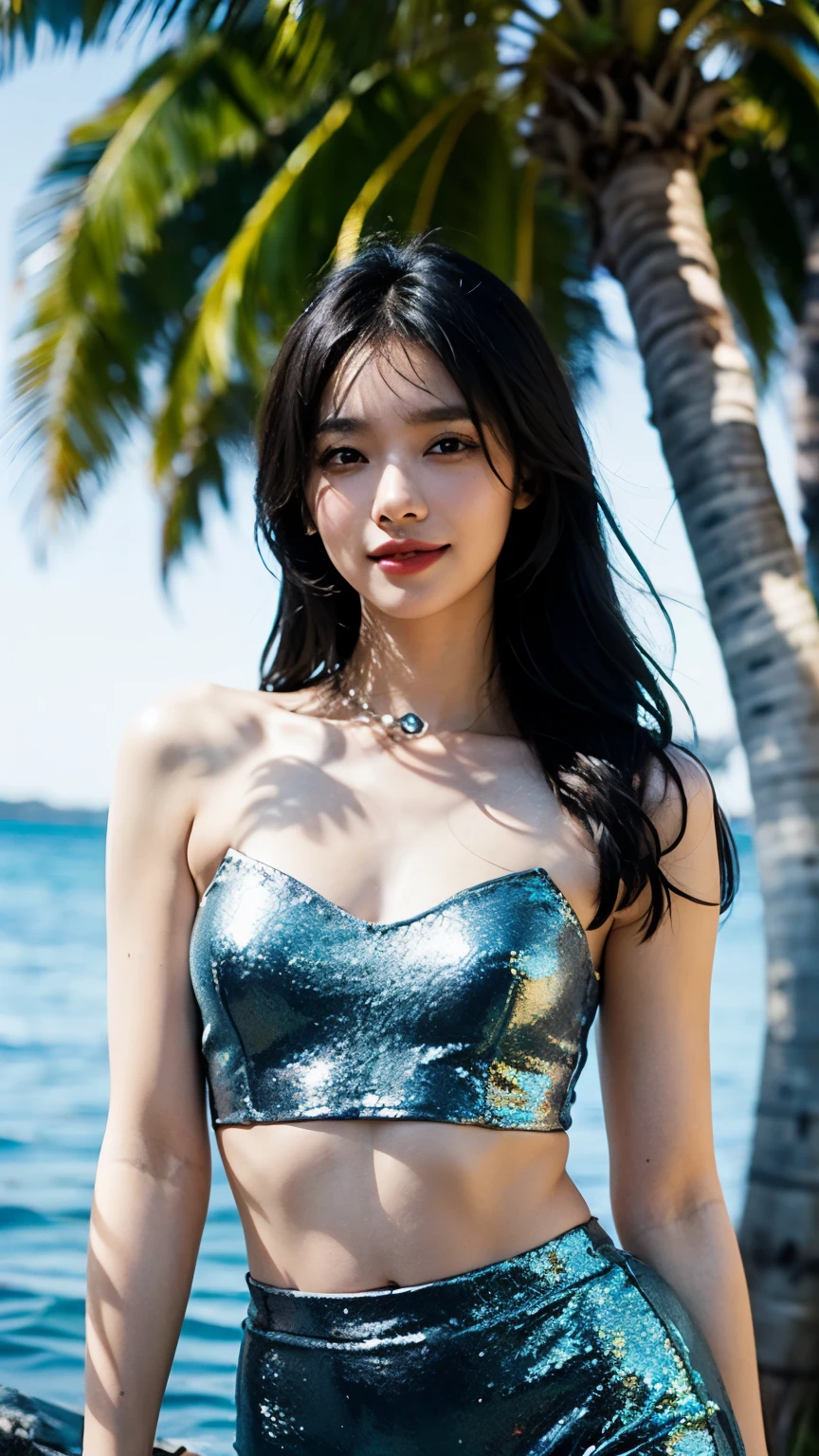 The sea sparkling in the morning sun , (Sexy metallic blue tube top and metallic blue slit skirt: 1.2), Nipples,Tropical islands, Palm trees,Straight hair,Long Hair, Dark blue eyes, 1 girl, 20 years old, (Intricate details: 1.2), (Detailed eyes), Half-open eyes,(Detailed face), smile,Fine texture,Blushed,Medium Chest,Slim figure, Narrow waist,Small Ass , Long, slender legs,Visible parts: someone's thighs, between their skirts ,Beautiful Hands,Slim butt,Narrow shoulders,View your viewers,Dynamic pose,