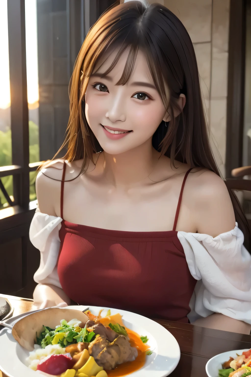 (masterpiece、Best Quality、Ultra-high resolution)、(Perfect Face、Beautiful Face、Beautiful Eyes)、Off-the-shoulder clothing、Sleeveless clothing、sunset、Sumptuous food on the table、Eat the food、smile、