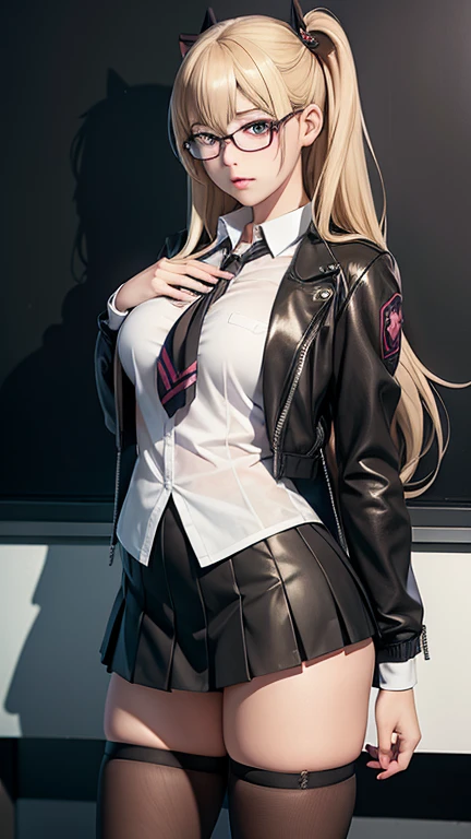 (Masterpiece, Best quality, ultra high resolution),1girl, gyaru, dark brown skinned, blue eyes, blonde hair, large breasts, thick thighs, himecut, Black office jacket, white shirt, black office skirt and black stockings, beautiful and detailed face, detailed eyes, detailed nose, cyberpunk city at night with fog and neon lights