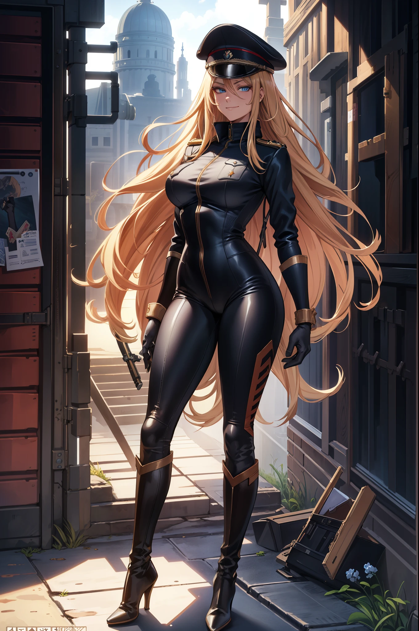 masterpiece, best quality, agrias, black leotard, looking at viewer, blonde hair, superhero, bare legs, hurricane polymer costume, boots, standing