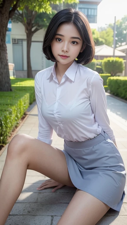 Young sweet beautiful school girl, slim body, very georgeus face, , wearing Indonesian white and grey uniform, long sleeve shirt, grey kneel long skirt, sassy girl,  wavy short hairs, siting down relax on side walk cheerful going to the school in the sunny morning, very realistic, very detail, no cartoon,  white thin panty exposed,