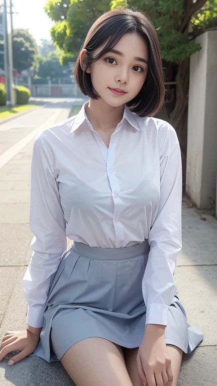 Young sweet beautiful school girl, slim body, very georgeus face, , wearing Indonesian white and grey uniform, long sleeve shirt, grey kneel long skirt, sassy girl,  wavy short hairs, siting down relax on side walk cheerful going to the school in the sunny morning, very realistic, very detail, no cartoon,  white thin panty exposed,