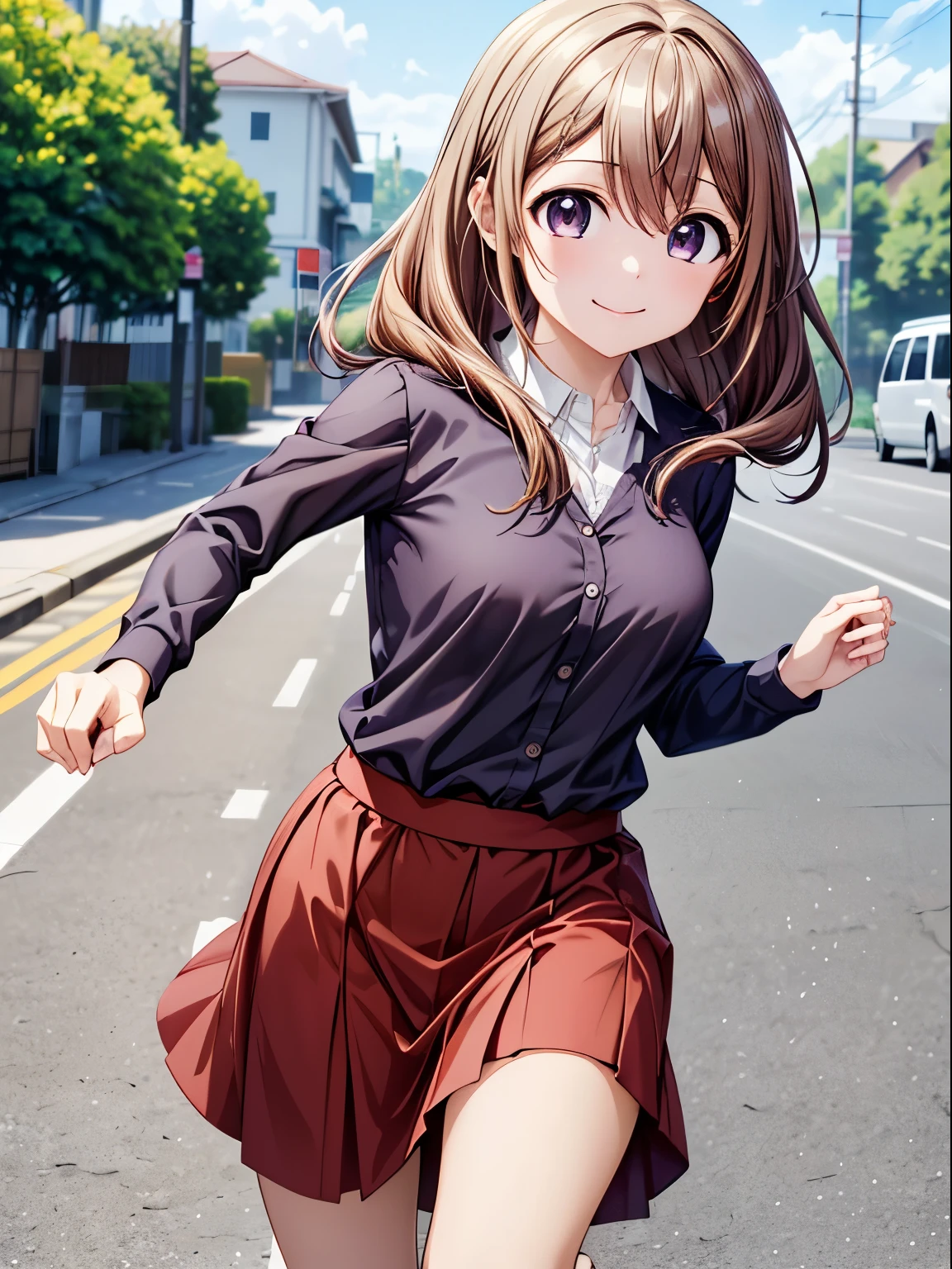 Please redeem, High resolution, 4K、Anatomically correct、Shiori Katase、High Quality Anime Girls、One Girl, Alone、Beautiful brown hair、Attractive purple eyes、Mid-chest、Hair Accessories ,smile、Closed Mouth、(running:1.5),Flowing Background:1.3、4Ｋ，8Ｋ,(Genuine、Genuine志向、写真Genuine志向:1.5）、High resolution、超High resolution、Ultra High Definition Painting、whole body、Dress and long skirt、Cowboy Shot
