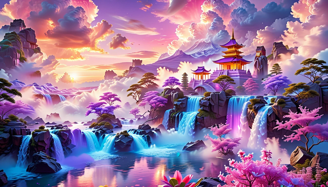 A Masterpiece In 32K Resolution, Supreme Quality, Super Detail, Official Art, Very High-Resolution 32K Wallpaper, Fantastical And Dreamlike, Ultra-Detailed Features, Aerial Serenity. Floating Islands Drift Through A Canvas Of Pastel Skies, Adorned With Fluffy Clouds In Shades Of Pink And Lavender. Waterfalls Cascade From The Islands Into The Ethereal Mist Below, While Delicate, Glowing Flowers Bloom In Vibrant Colors. In The Distance, A Majestic Temple With Intricate Architecture Stands Tall, Basking In The Soft Glow Of Twilight.