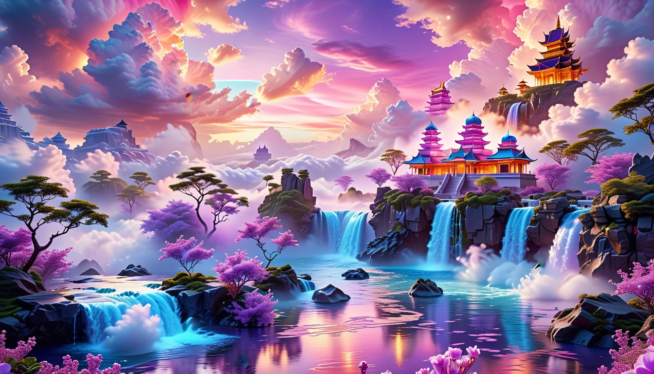 A Masterpiece In 32K Resolution, Supreme Quality, Super Detail, Official Art, Very High-Resolution 32K Wallpaper, Fantastical And Dreamlike, Ultra-Detailed Features, Aerial Serenity. Floating Islands Drift Through A Canvas Of Pastel Skies, Adorned With Fluffy Clouds In Shades Of Pink And Lavender. Waterfalls Cascade From The Islands Into The Ethereal Mist Below, While Delicate, Glowing Flowers Bloom In Vibrant Colors. In The Distance, A Majestic Temple With Intricate Architecture Stands Tall, Basking In The Soft Glow Of Twilight.