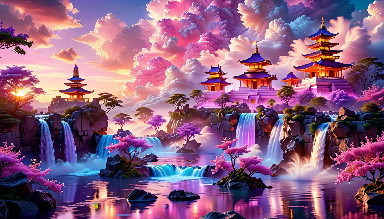 A Masterpiece In 32K Resolution, Supreme Quality, Super Detail, Official Art, Very High-Resolution 32K Wallpaper, Fantastical And Dreamlike, Ultra-Detailed Features, Aerial Serenity. Floating Islands Drift Through A Canvas Of Pastel Skies, Adorned With Fluffy Clouds In Shades Of Pink And Lavender. Waterfalls Cascade From The Islands Into The Ethereal Mist Below, While Delicate, Glowing Flowers Bloom In Vibrant Colors. In The Distance, A Majestic Temple With Intricate Architecture Stands Tall, Basking In The Soft Glow Of Twilight.