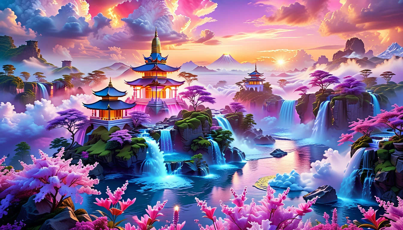 A Masterpiece In 32K Resolution, Supreme Quality, Super Detail, Official Art, Very High-Resolution 32K Wallpaper, Fantastical And Dreamlike, Ultra-Detailed Features, Aerial Serenity. Floating Islands Drift Through A Canvas Of Pastel Skies, Adorned With Fluffy Clouds In Shades Of Pink And Lavender. Waterfalls Cascade From The Islands Into The Ethereal Mist Below, While Delicate, Glowing Flowers Bloom In Vibrant Colors. In The Distance, A Majestic Temple With Intricate Architecture Stands Tall, Basking In The Soft Glow Of Twilight.