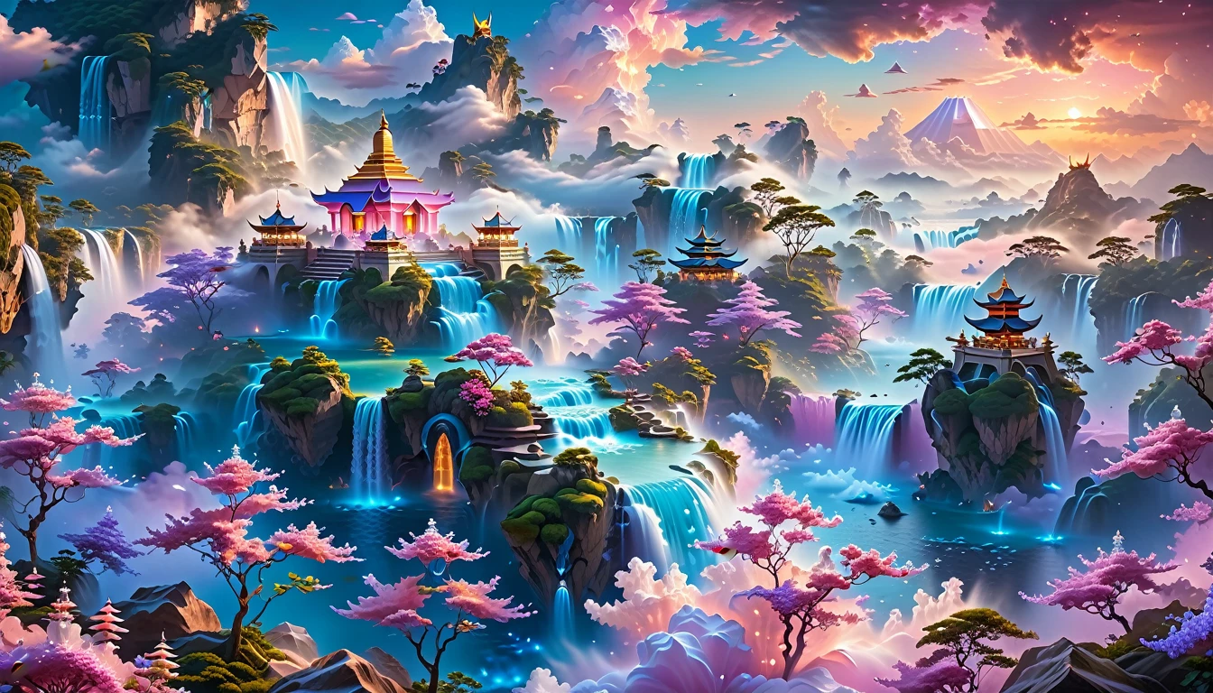 A Masterpiece In 32K Resolution, Supreme Quality, Super Detail, Official Art, Very High-Resolution 32K Wallpaper, Fantastical And Dreamlike, Ultra-Detailed Features, Aerial Serenity. Floating Islands Drift Through A Canvas Of Pastel Skies, Adorned With Fluffy Clouds In Shades Of Pink And Lavender. Waterfalls Cascade From The Islands Into The Ethereal Mist Below, While Delicate, Glowing Flowers Bloom In Vibrant Colors. In The Distance, A Majestic Temple With Intricate Architecture Stands Tall, Basking In The Soft Glow Of Twilight.