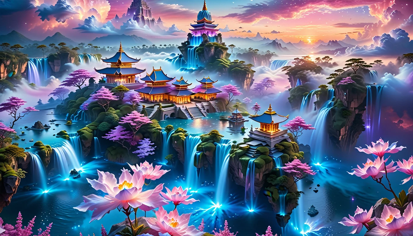 A Masterpiece In 32K Resolution, Supreme Quality, Super Detail, Official Art, Very High-Resolution 32K Wallpaper, Fantastical And Dreamlike, Ultra-Detailed Features, Aerial Serenity. Floating Islands Drift Through A Canvas Of Pastel Skies, Adorned With Fluffy Clouds In Shades Of Pink And Lavender. Waterfalls Cascade From The Islands Into The Ethereal Mist Below, While Delicate, Glowing Flowers Bloom In Vibrant Colors. In The Distance, A Majestic Temple With Intricate Architecture Stands Tall, Basking In The Soft Glow Of Twilight.