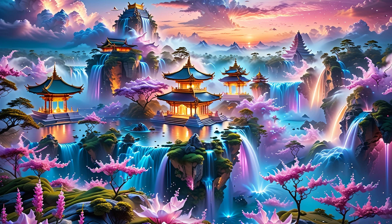 A Masterpiece In 32K Resolution, Supreme Quality, Super Detail, Official Art, Very High-Resolution 32K Wallpaper, Fantastical And Dreamlike, Ultra-Detailed Features, Aerial Serenity. Floating Islands Drift Through A Canvas Of Pastel Skies, Adorned With Fluffy Clouds In Shades Of Pink And Lavender. Waterfalls Cascade From The Islands Into The Ethereal Mist Below, While Delicate, Glowing Flowers Bloom In Vibrant Colors. In The Distance, A Majestic Temple With Intricate Architecture Stands Tall, Basking In The Soft Glow Of Twilight.