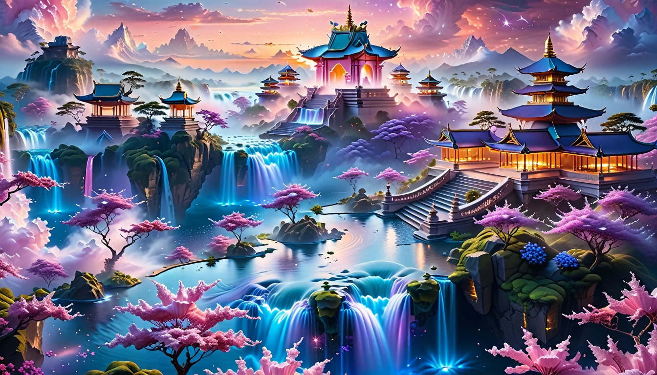 A Masterpiece In 32K Resolution, Supreme Quality, Super Detail, Official Art, Very High-Resolution 32K Wallpaper, Fantastical And Dreamlike, Ultra-Detailed Features, Aerial Serenity. Floating Islands Drift Through A Canvas Of Pastel Skies, Adorned With Fluffy Clouds In Shades Of Pink And Lavender. Waterfalls Cascade From The Islands Into The Ethereal Mist Below, While Delicate, Glowing Flowers Bloom In Vibrant Colors. In The Distance, A Majestic Temple With Intricate Architecture Stands Tall, Basking In The Soft Glow Of Twilight.