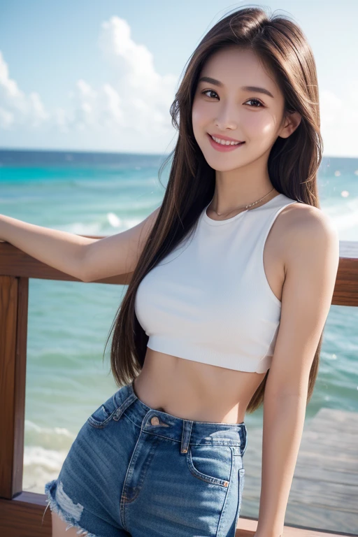 tifa,Highly detailed CG Unity 8K wallpaper, Perfect Lighting, masutepiece,Best Quality, portrait of european girl,solo,20yo,beautiful face,(light smile,embarrassed:1.2),hair over one eye,black long hair, sharp focus,(see through white tank top),black ultra miniskirt,cleavage,erected nipples, outdoor, disneyland background ,sexy pose for photo,sitting ,spread legs,from below,show off pussy,(sweat:1.2)