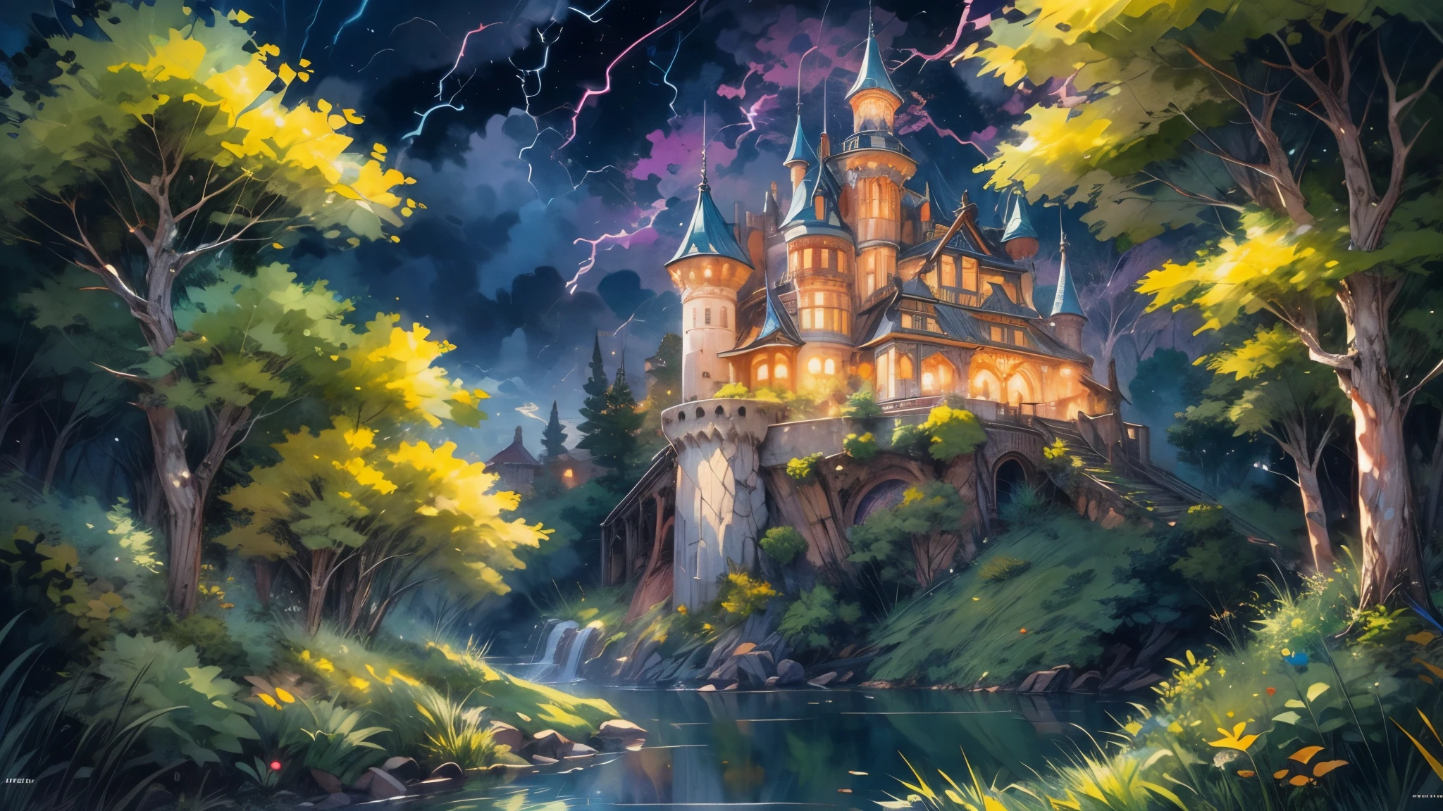 traditional watercolor painting (water color art: 1.5), an award wining, water color art, of a fantasy castle (masterpiece, best detailed, best quality: 1.4) , at night during lightning storm (masterpiece, best detailed, best quality: 1.4) in the forest at night, there are pine trees, and a small spring of water  (masterpiece, best detailed, best quality: 1.4), it is a storm night. there are lightning, they shed light on the castle, there are its a cloudy night, fantasy forest background, dynamic range, ultra wide shot, photorealism, depth of field, hyper realistic, yellow lightning, purple lightning, Night scene