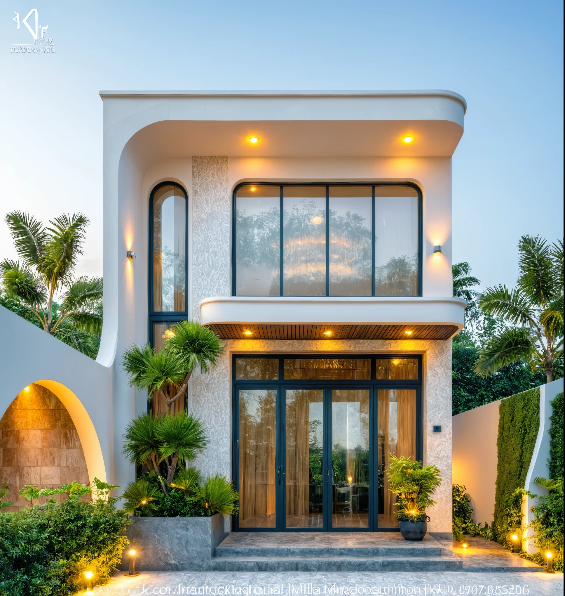 Masterpiece, high-end, best quality, authentic, super detailed, outdoor, aiaigroup, neoclassical villa style, stairs, white walls combined with conwood, wind encaustic tiles, green tiles, iron gates, conwood ceilings , flowers, path, summer evening, grass, trees, sky, clouds, (daylight: 1.1)