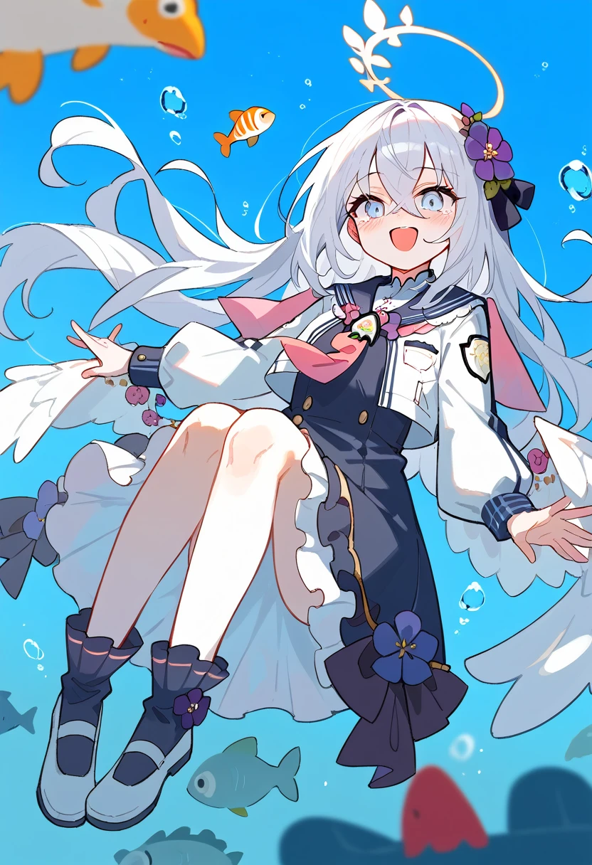 azusa \(blue archive\), 1girl algae black_dress black_socks blue_eyes dress fish flower hair_between_eyes hair_flower hair_ornament jacket long_hair open_mouth pink_flower reaching sailor_collar socks tears underwater white_footwear white_hair white_jacket smile masterpiece, best quality