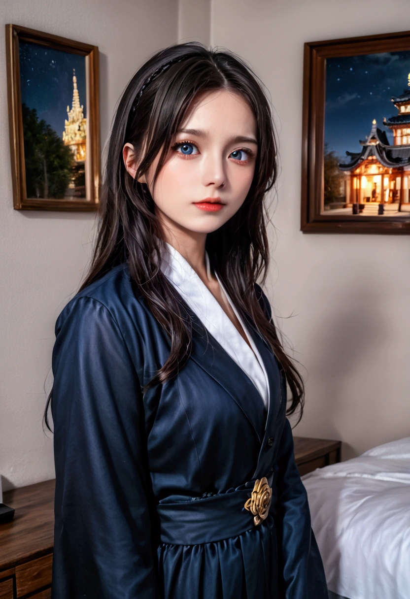 1girl, korean traditional hanbok dress, long hair, detailed beautiful face, detailed beautiful eyes, detailed beautiful lips, professional lighting, photon mapping, radiosity, night scene, grey background, (best quality,4k,8k,highres,masterpiece:1.2),ultra-detailed,(realistic,photorealistic,photo-realistic:1.37)