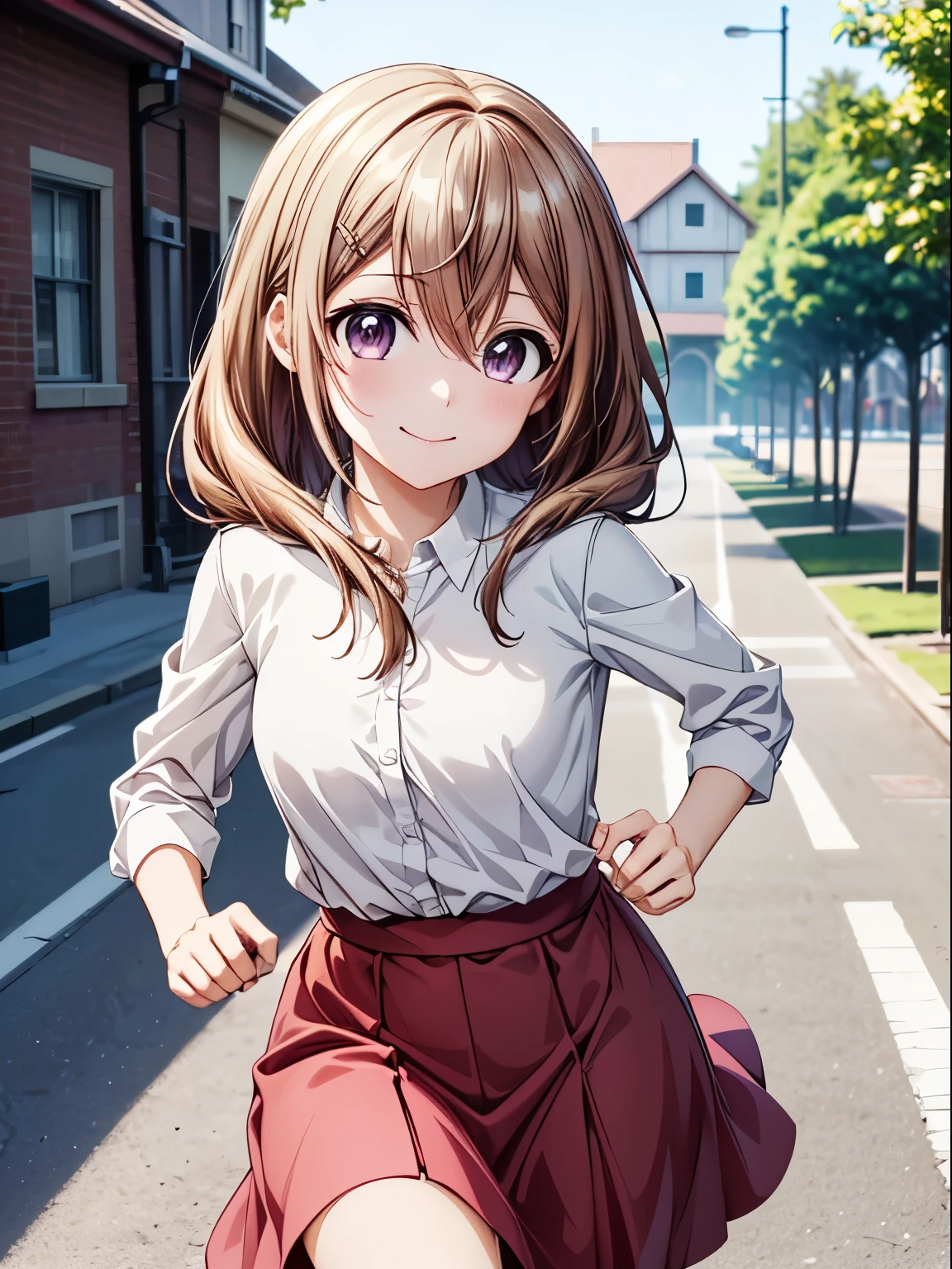 Please redeem, High resolution, 4K、Anatomically correct、Shiori Katase、High Quality Anime Girls、One Girl, Alone、Beautiful brown hair、Attractive purple eyes、Mid-chest、Hair Accessories ,smile、Closed Mouth、(running:1.5),Flowing Background:1.3、4Ｋ，8Ｋ,(Genuine、Genuine志向、写真Genuine志向:1.5）、High resolution、超High resolution、Ultra High Definition Painting、whole body、Dress and long skirt、Cowboy Shot
