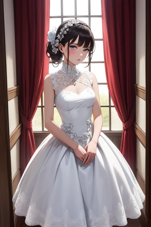 Mikasa, 1girl, as a bride, wearing white wedding frock, at a wedding ceremony, black short hair, 8k, high detailed, high quality