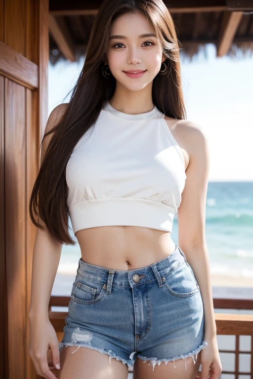 ((best qualtiy, 8K, tmasterpiece:1.3)),Focus:1.2, female high-school student,(A look of determination)(adolable),delicated face,Long hair waist-length,long hair flowing,Tilt your head,ssmile,Hair details,Delicate Full Body Portrayal,Delicate depiction of the face,Best picture quality,A high resolution,细致背景,Delicate portrayal,exquisitedetails,Rich in detail,Facial strengthening,(Crop tops,short skirt),with blue sky and white clouds,Sit Pose,Sanya Phoenix Island background,There are no bags under the eyes
