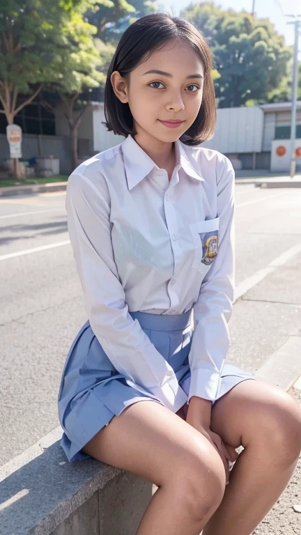 Young sweet beautiful school girl, slim body, very georgeus face, , wearing Indonesian white and grey uniform, long sleeve shirt, grey kneel long skirt, sassy girl,  wavy short hairs, siting down relax on side walk cheerful going to the school in the sunny morning, very realistic, very detail, no cartoon,  white thin panty exposed,