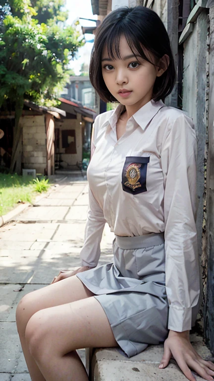 Young sweet beautiful school girl, slim body, very georgeus face, , wearing Indonesian white and grey uniform, long sleeve shirt, grey kneel long skirt, sassy girl,  wavy short hairs, siting down relax on side walk cheerful going to the school in the sunny morning, very realistic, very detail, no cartoon,  white thin panty exposed,