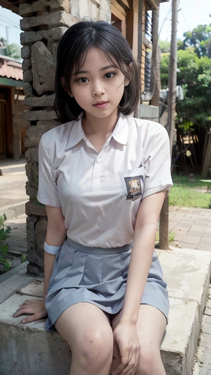 Young sweet beautiful school girl, slim body, very georgeus face, , wearing Indonesian white and grey uniform, long sleeve shirt, grey kneel long skirt, sassy girl,  wavy short hairs, siting down relax on side walk cheerful going to the school in the sunny morning, very realistic, very detail, no cartoon,  white thin panty exposed,