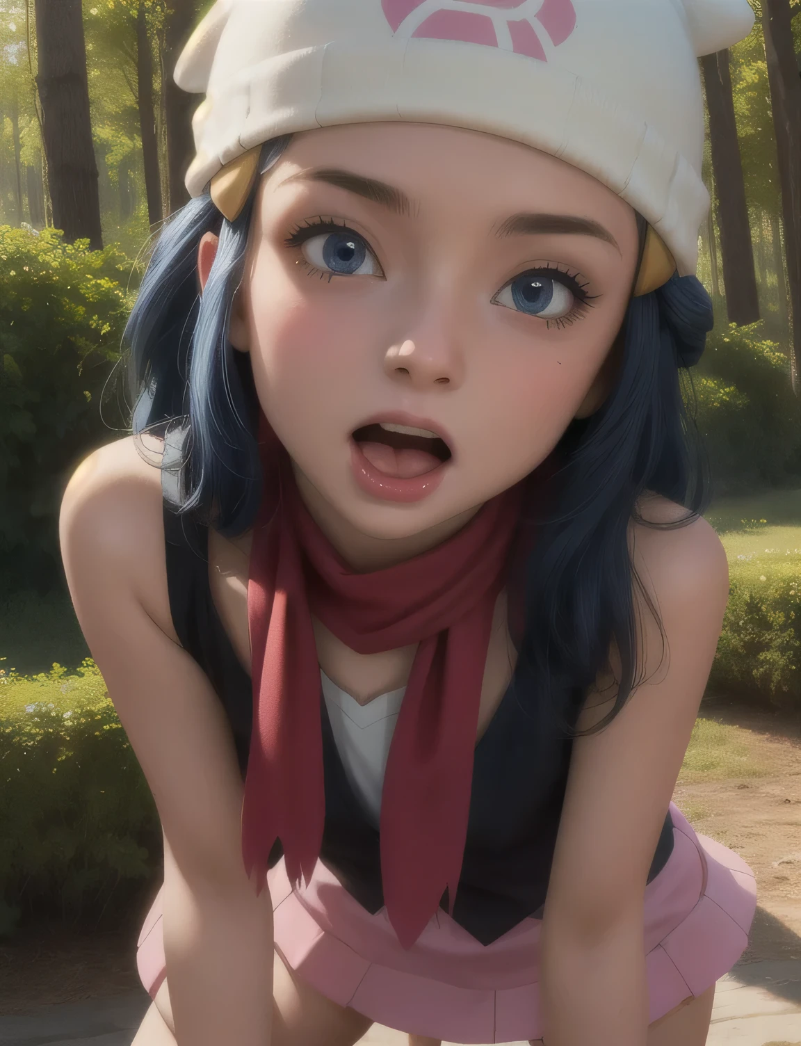 pkmndawn, 1girl, solo, blue eyes, blue hair, long hair, sidelocks, hairclip, beanie,
black dress, sleeveless, pink skirt, scarf,
naughty face, dominant, closeup of face, ,  open mouth, giantess,
forest,outdoor,
(insanely detailed, beautiful detailed face, masterpiece, best quality) cinematic lighting,