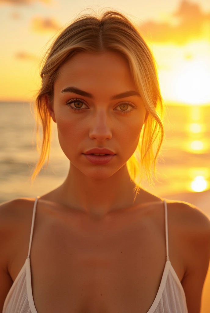 a woman wearing summer outfit on the beach, sunset, afternoon, golden sky, sun rays, warm lighting, beautiful detailed eyes, beautiful detailed lips, extremely detailed skin and face, long eyelashes, detailed clothing folds, photorealistic, 8k, highly detailed, masterpiece, professional photo, vibrant colors, golden hour lighting, cinematic, elegant, serene, peaceful