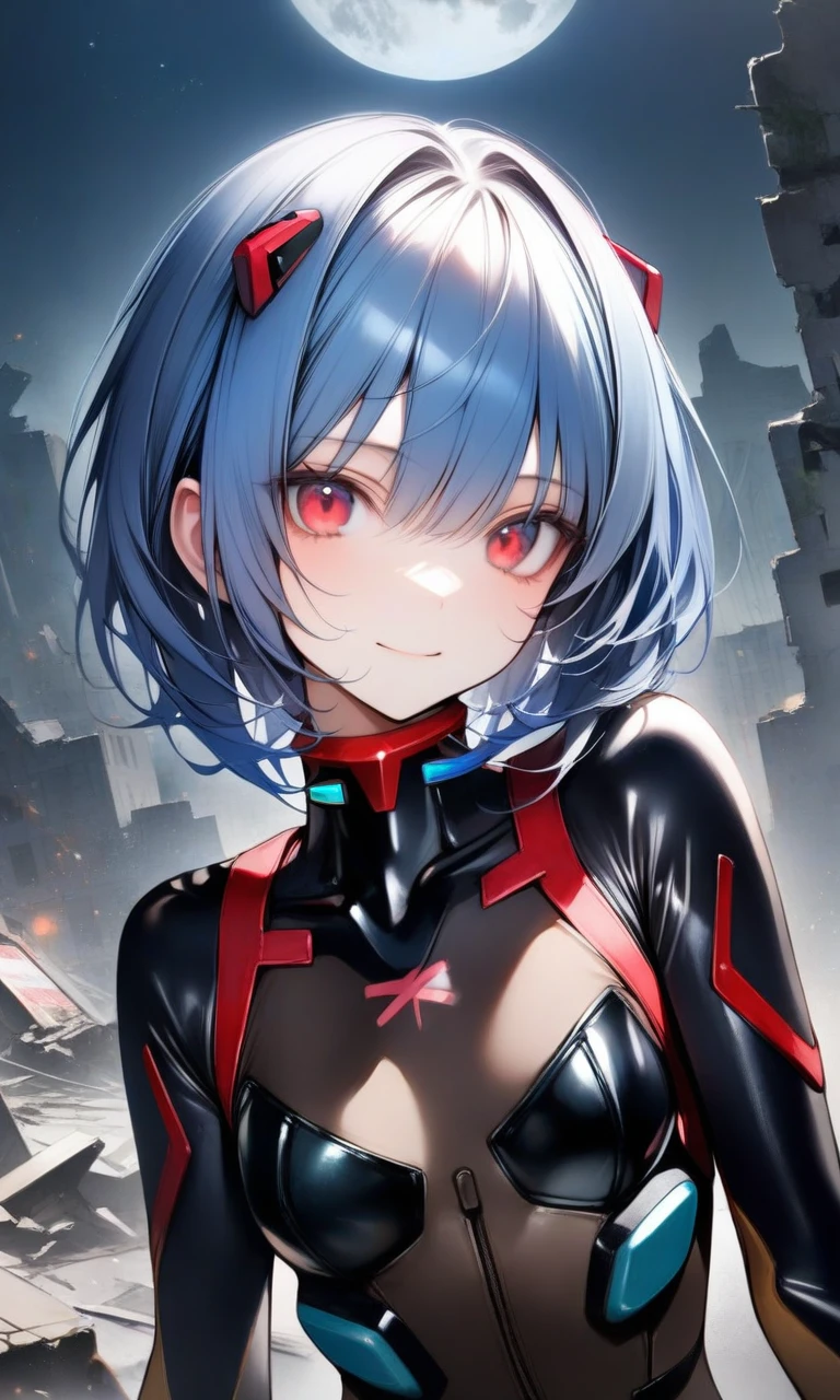 One girl, God of Respect, Blue Hair, Red eyes, 
Plug Suit, 
View your viewers, A light smile, Upper Body, Straight, 
Outdoor, Ruins, night, moon, 
masterpiece, Best Quality, Very aesthetic, Absurd, By nyatabe, 
