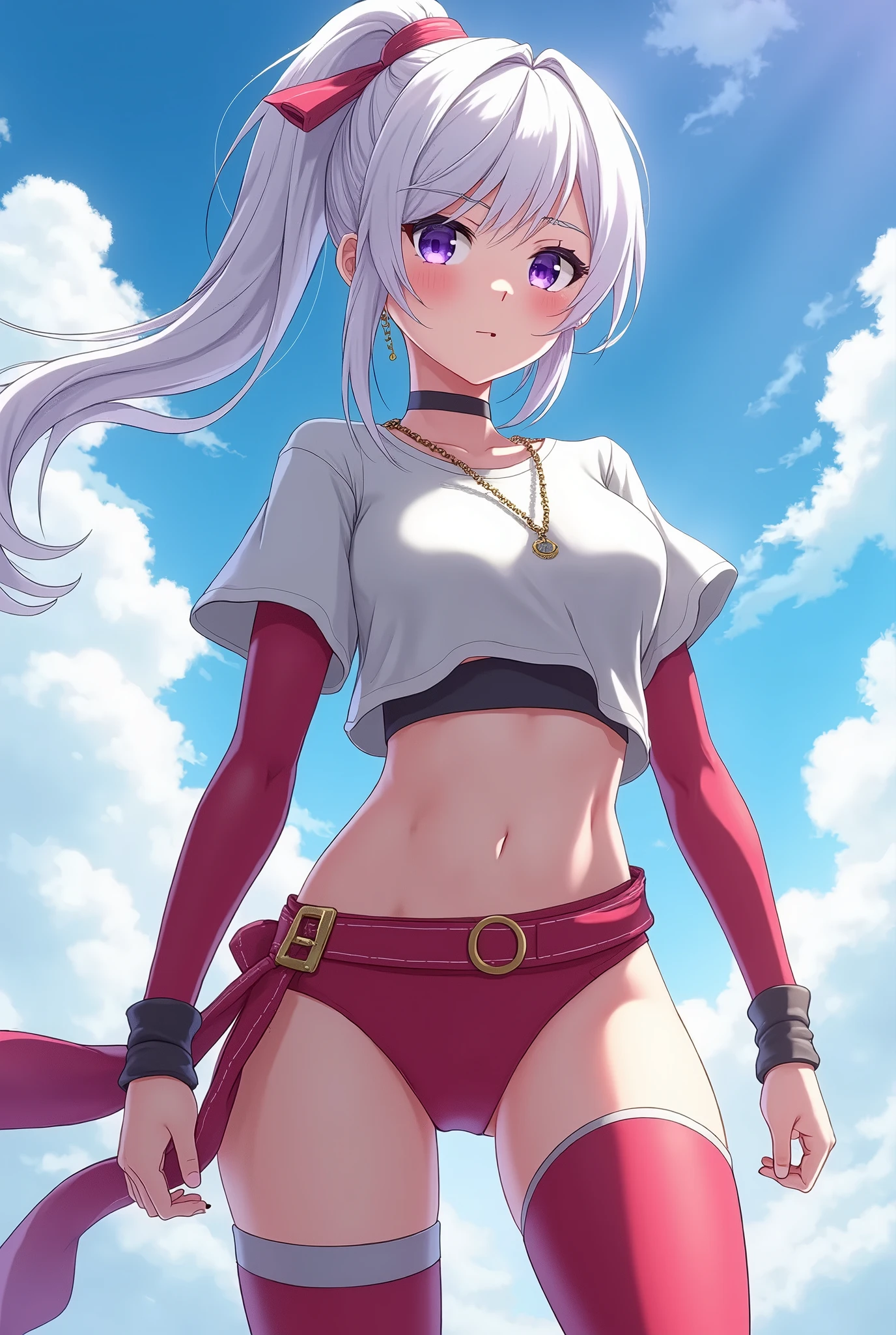 zzcloaa, chloe illyasviel von einzbern,  1girl armor black_panties blush breastplate breasts bridal_gauntlets cape dark-skinned_female dark_skin hair_ornament hairpin half_updo heart long_hair long_sleeves looking_at_viewer navel orange_eyes panties petals pink_hair red_cape showgirl_skirt shrug_(clothing) sidelocks small_breasts solo stomach_tattoo tattoo thighs underwear <lora:clobeasts_ponyv1:1>, score_9, score_8_up, score_7_up, score_6_up, score_5_up, score_4_up, BREAK source_anime, masterpiece