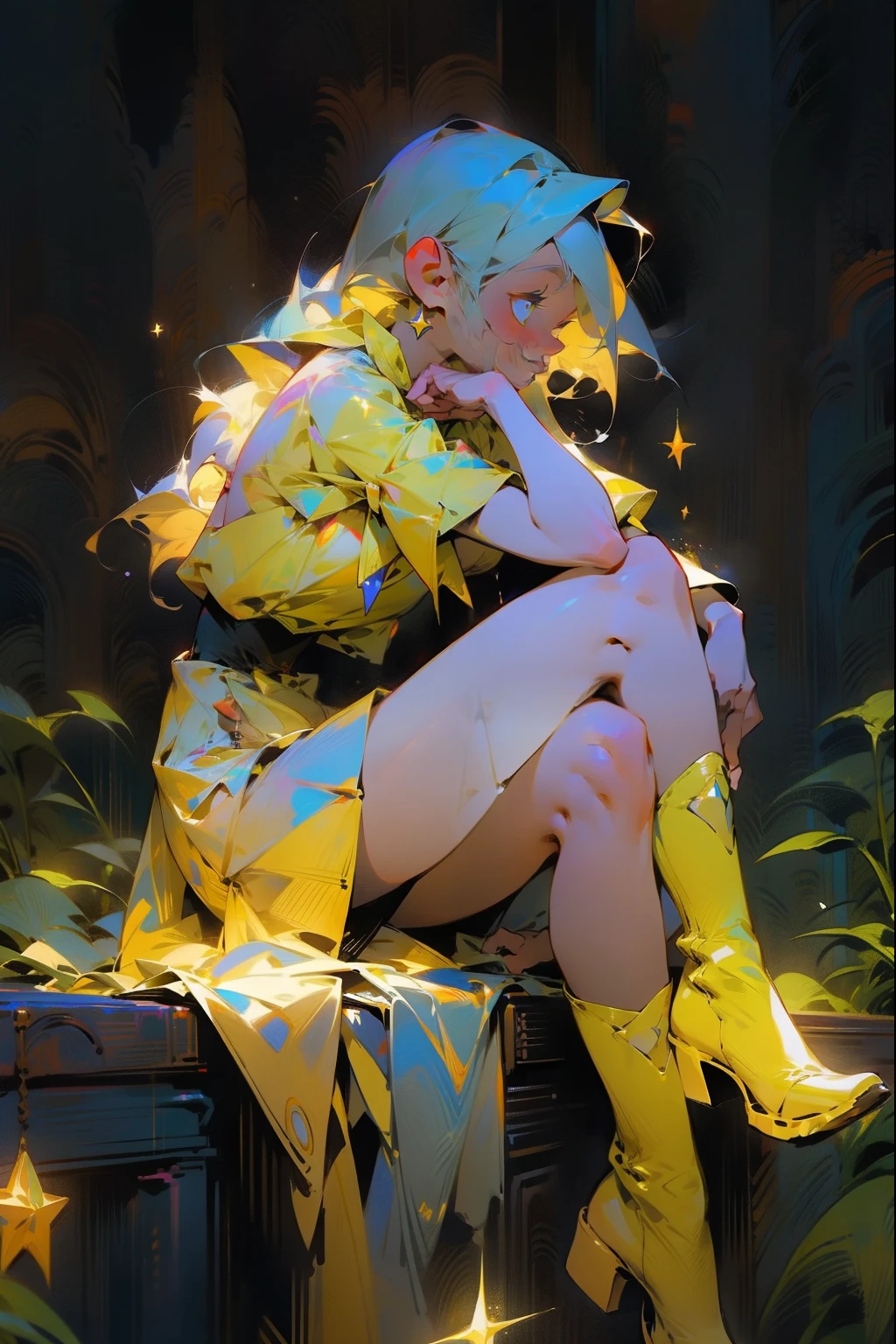 One Girl、One girl,Expressionless、Fantastic look、Fairy, Pointed Ears, masterpiece, Best Quality, High resolution,, One girl, profile、Alone, looking to the side, Blue Hair, Yellow Bandana, Long Hair , Thigh-high boots、Yellow dress、Yellow Skirt, Dark Background, starlight, star,starをすくう、手のひらでstarを救い上げる、Beautiful legs、Thighs、sit、Lift your legs、Crossing your legs。