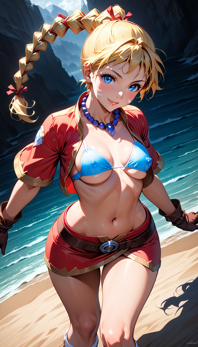 1 adult woman, solo, ((mature face)), blue eyes, warm smile, 20 years old, yellow hair in a high braided ponytail, (small bust:1.42), navel, standing on white sand beach, modeling poses, fitted jacket 3/4 cropped, tiny mincrobikini top under jacket (white:1.47), form fitting micro skirt, bikini underboob, (pubic hair peeks out of the bottom of her skirt:1.4), loose leather boots, ankle wraps, detailed face, detailed eyes, detailed lips, highly detailed hands, 8k, UHD, cinematic lighting, vivid colors, dramatic shadows, masterpiece, award winning art, (viewed from below), (full length portrait:1.45), (wide angle:1.27), (kdecc, ponytail, facial mark, necklace, crop top, vest, midriff, skirt, gloves), covered_erect_nipples, ultraST, skin_tight, impossible clothes, undersized bra 