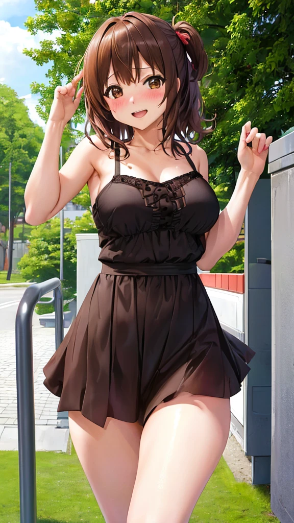 (masutepiece), (Best Quality), (ultra-detailliert), 1girl in, sexy  pose, blush,medium breasts, dressed casually, Happy, Looking at Viewer, large hair, Brown hair, In a park with trees, Shy,naked,meat urinal