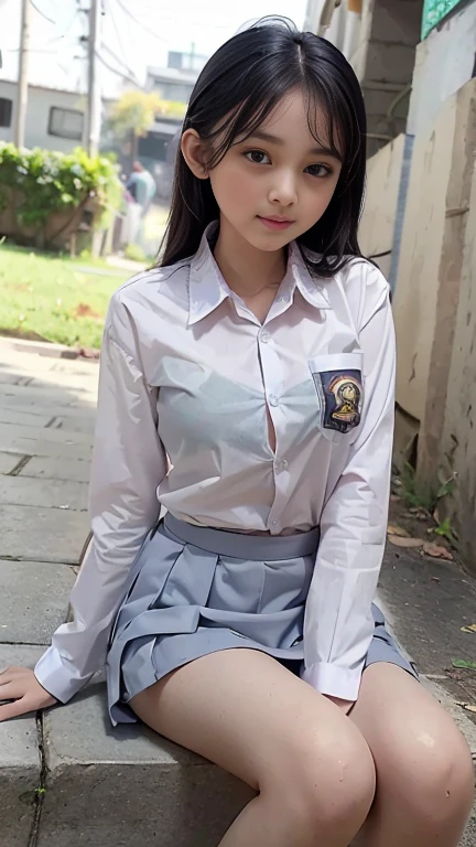 Young sweet beautiful school girl, slim body, very georgeus face, , wearing Indonesian white and grey uniform, long sleeve shirt, grey kneel long skirt, sassy girl,  wavy short hairs, siting down relax on side walk cheerful going to the school in the sunny morning, very realistic, very detail, no cartoon,  white thin panty exposed,