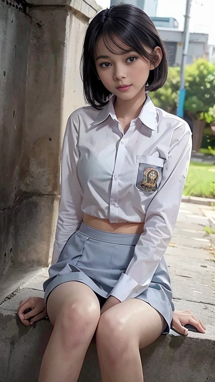 Young sweet beautiful school girl, slim body, very georgeus face, , wearing Indonesian white and grey uniform, long sleeve shirt, grey kneel long skirt, sassy girl,  wavy short hairs, siting down relax on side walk cheerful going to the school in the sunny morning, very realistic, very detail, no cartoon,  white thin panty exposed,