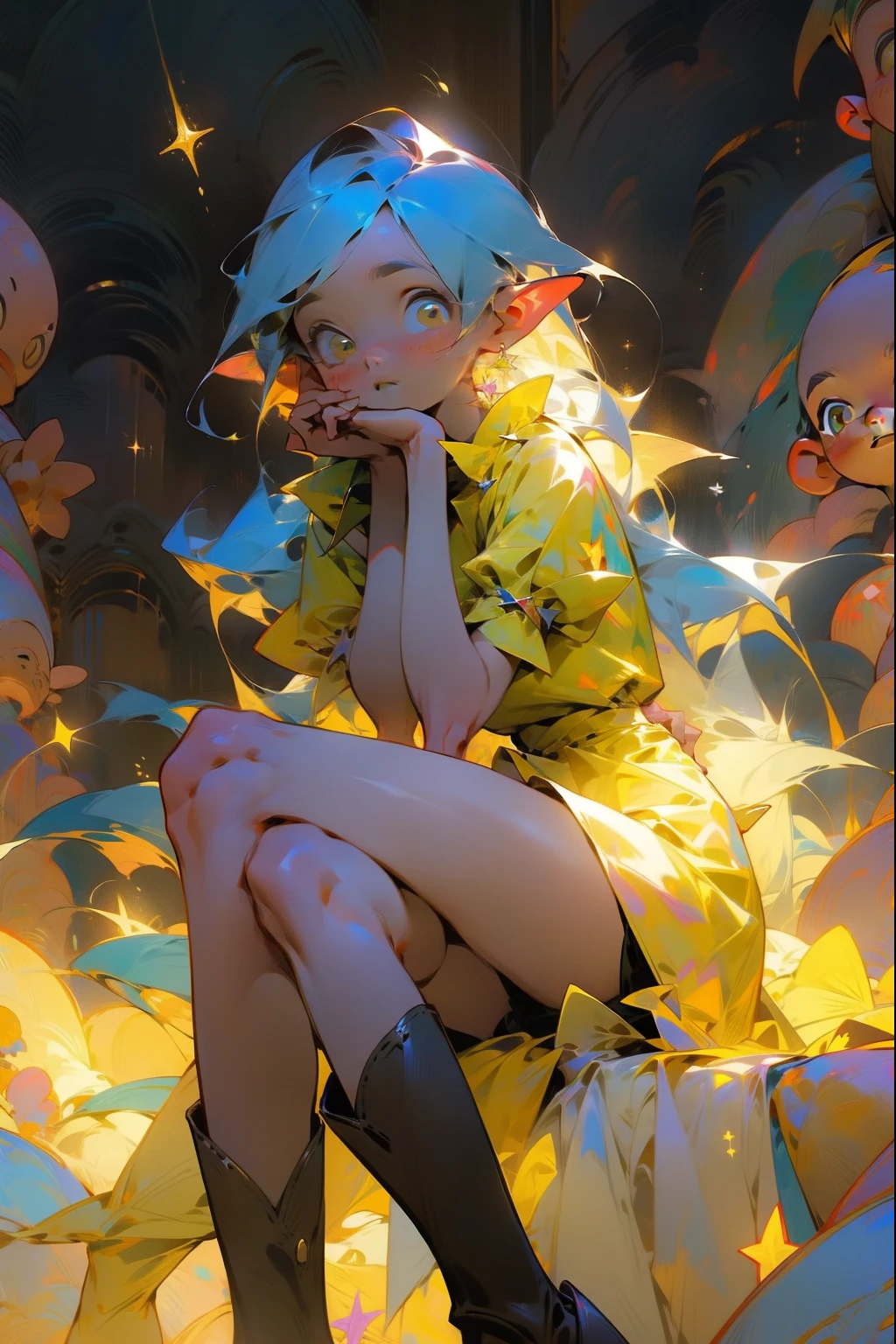 One Girl、One girl,Expressionless、Fantastic look、Fairy, Pointed Ears, masterpiece, Best Quality, High resolution,, One girl, Alone, Blue Hair, Yellow Bandana, Long Hair , Thigh-high boots、Yellow dress、Yellow Skirt, Dark Background, starlight, star,starをすくう、手のひらでstarを救い上げる、Thighs、sit proudly、Lift your legs、Crossing your legs。